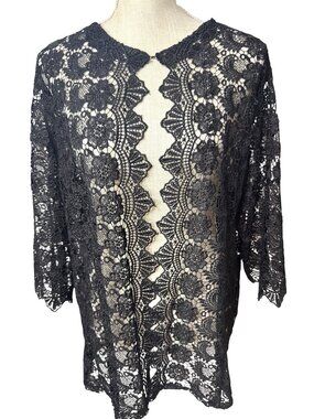 Black Floral Lace Handmade Open Elegant Cardigan 3/4 Sleeves Unique Design L
